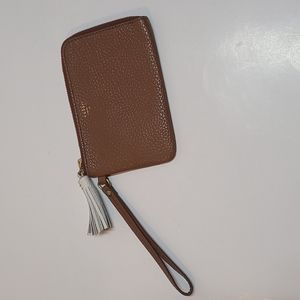Fossil Tara Wristlet Wallet Zip Close Cow Leather Brown White Tassel NWT